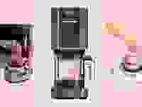 Left to right: person using the Ninja Smoothie Maker, Ninja Creami filled with strawberry ice cream, hand removing ice cream from Breville ice cream machine