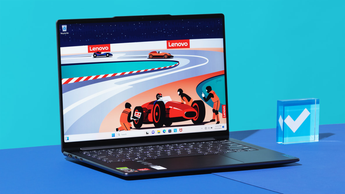 The Lenovo Slim Pro 7 on a blue background.