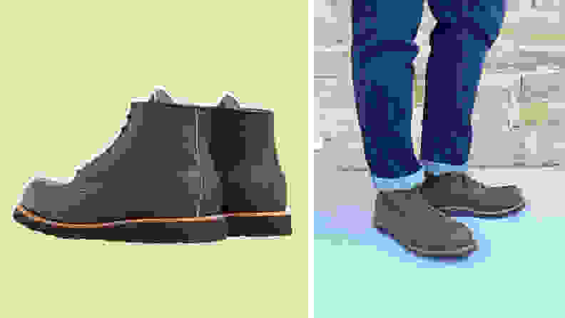 A pair of green boots against a green background, and a shot of the author wearing the same boots with cuffed jeans.