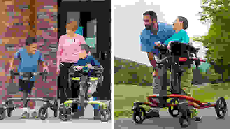 On the left: A woman watching two boys walking with gait trainers. On the left: A man walking with a boy who's walking with a gait trainer.
