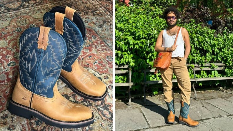 A man wearing cowboy boots with blue leather details and a close-up of the boots on a patterned rug.