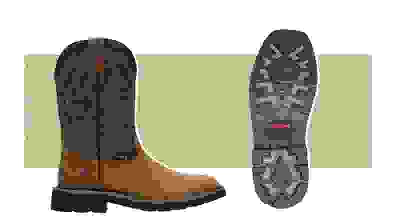 Wolverine cowboy boots on a green background.