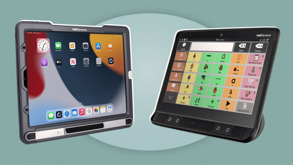 Two tablet-based AAC devices on a green background.