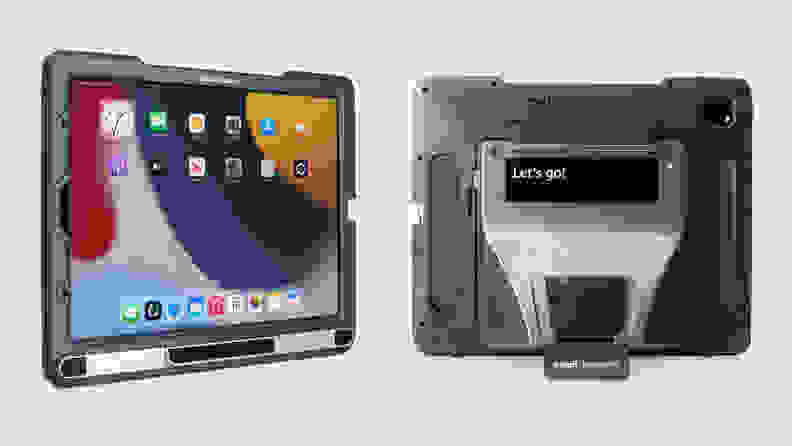 Front and back angles of a tablet-based AAC device.