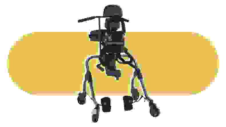 A black MyWay+ Gait Trainer on a yellow background