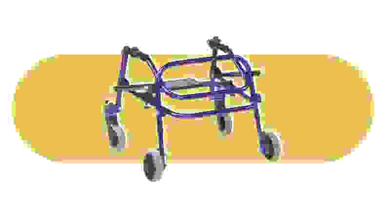 A purple Inspired by Drive Nimbo 2G walker on a yellow background