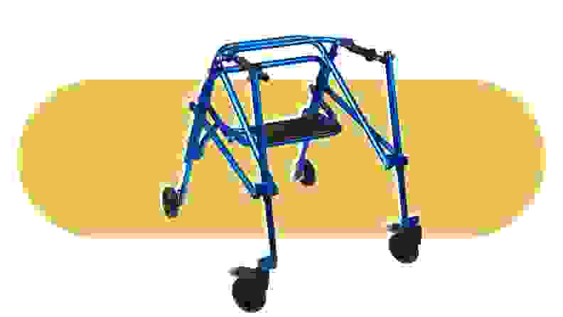 A blue Klip Gait Trainer on a yellow background.
