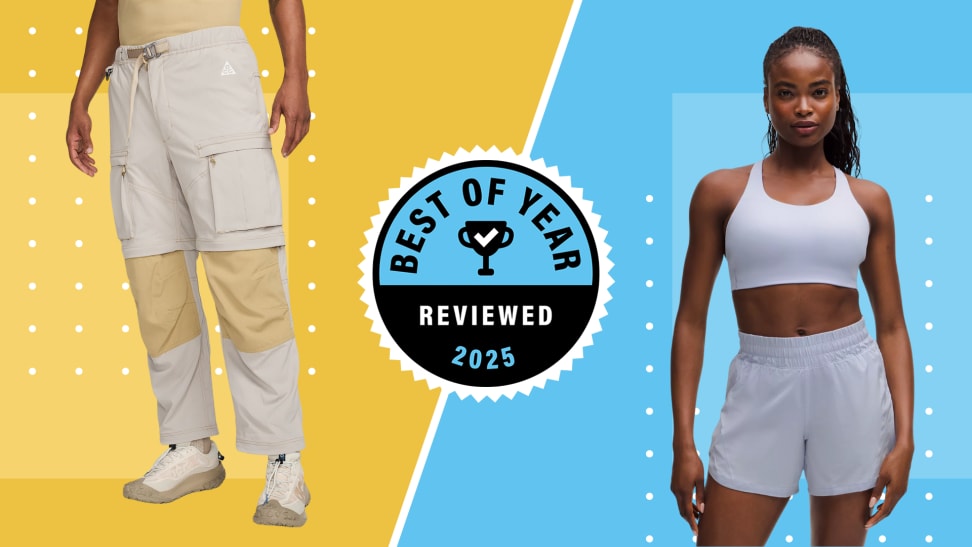 Collage overlayed with male body wearing Nike cargo pants and woman wearing light blue workout Lululemon gear.
