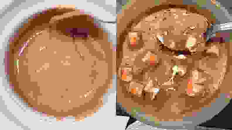 Left: soft chocolate ice cream in Dash ice cream maker. Right: spoon scooping formed version of Rocky Road ice cream.