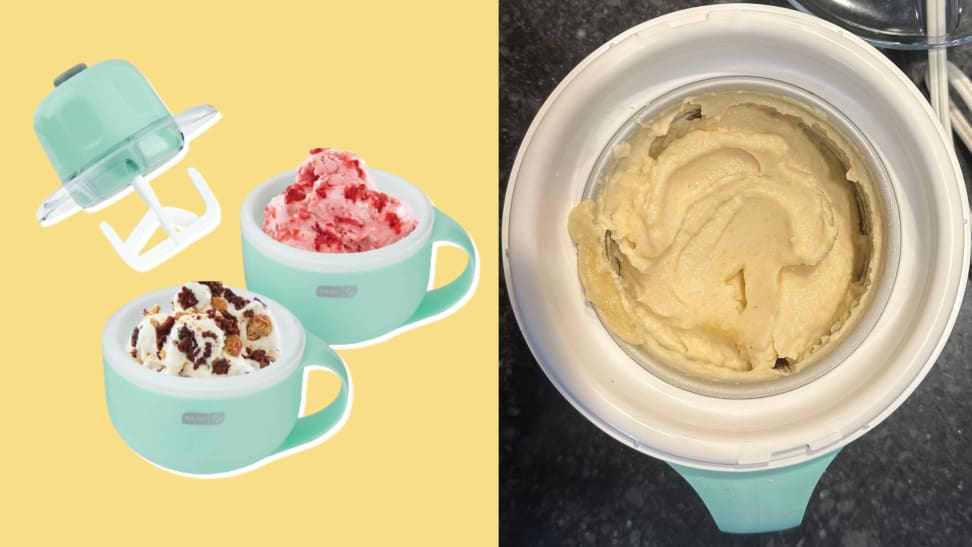The Dash My Mug Ice Cream Maker in use with a collage of different flavors of ice cream on display.