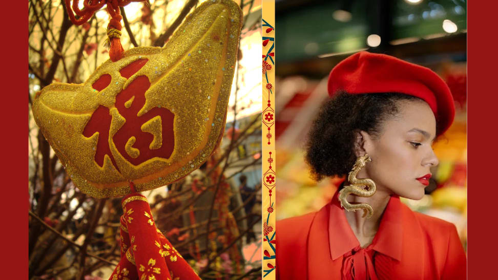 Left: gold ingot with tree branches behind; Right: woman wearing red hat and blouse, and a gold dragon earring