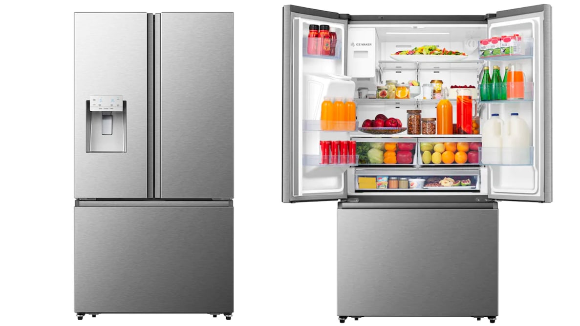 Two Hisense HRF254N6TSE fridges side by side. On the left, its doors are closed. On the right, its two main doors are open, revealing the interior of the refrigeration compartment, which is fully stocked with food.