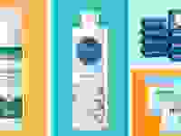 A collage of four different personal hygiene items, including body wash and wipes