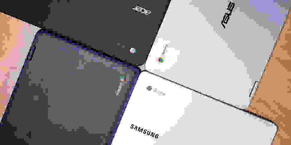 Four chromebooks pictured from above