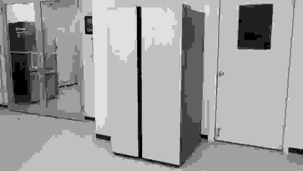 A Samsung Bespoke RS28CB7600 side-by-side refrigerator in the testing lab.
