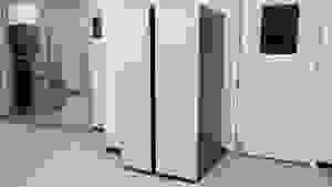 A Samsung Bespoke RS28CB7600 side-by-side refrigerator in the testing lab.