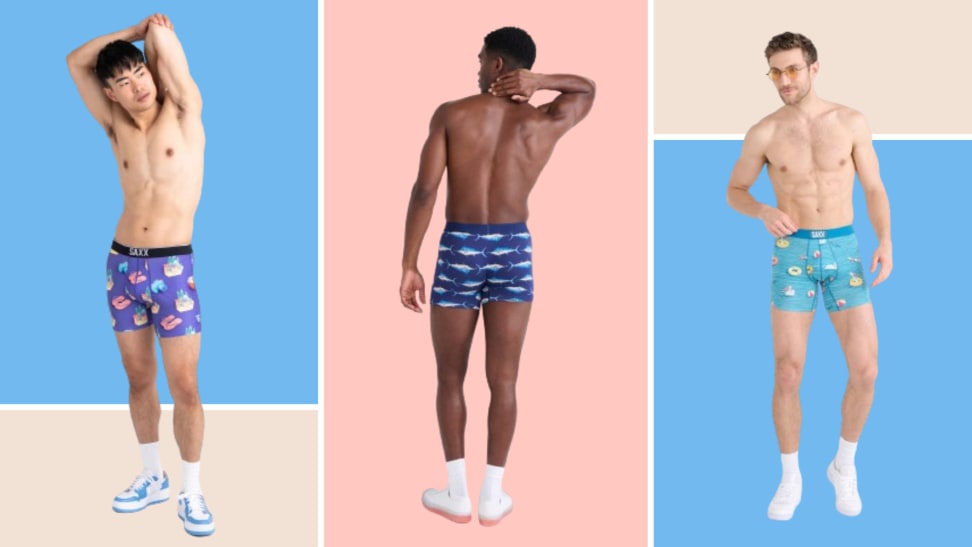 Three models wearing Saxx boxer briefs.