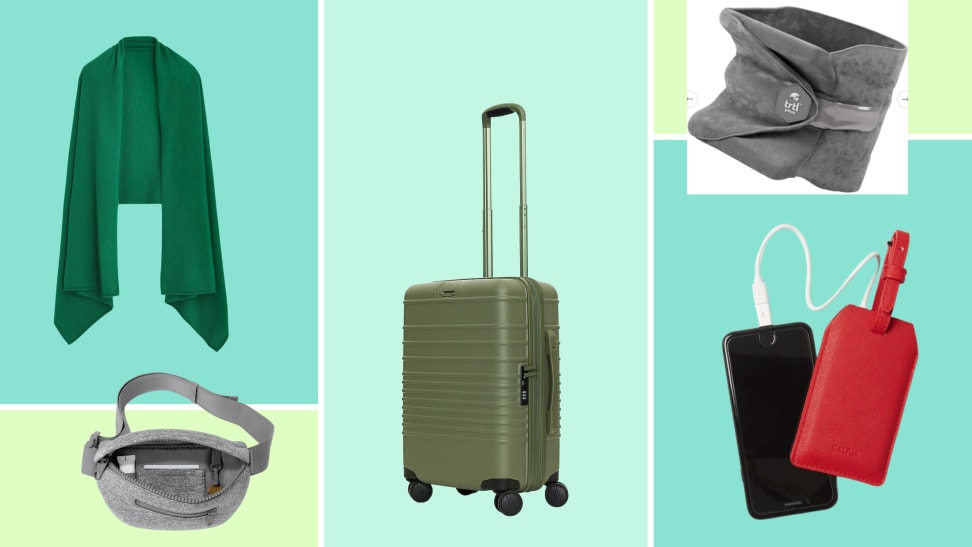 A green J. Crew wrap, a grey Dagne Dover belt bag, a green Beis roller, a grey Trtl neck pillow, a red Calpak luggage tag