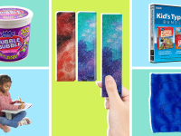 Colorful bucket of bubble gum, child writing in book, hand pulling colorful slime, video game box, and plush towel.