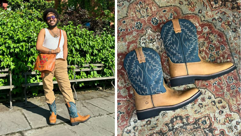A man wearing blue cowboy boots, and a close-up of the same boots on the right.