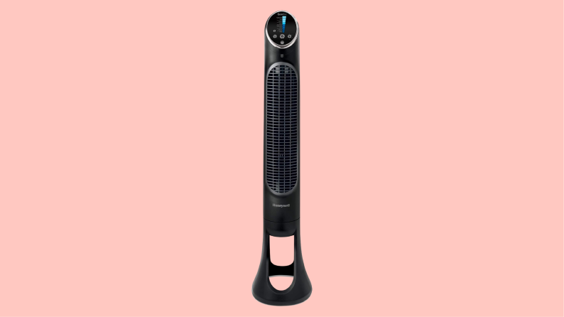 A tower fan appears on a pink background.