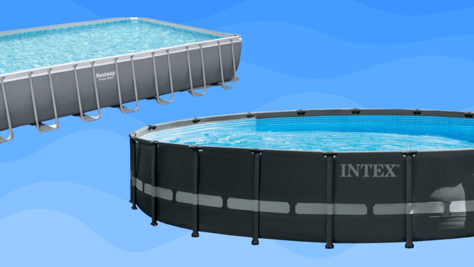 Two above ground pools against a blue background