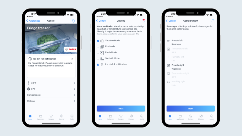 Three screenshots of the Bosch Home Connect app showing the appliance status and available settings.