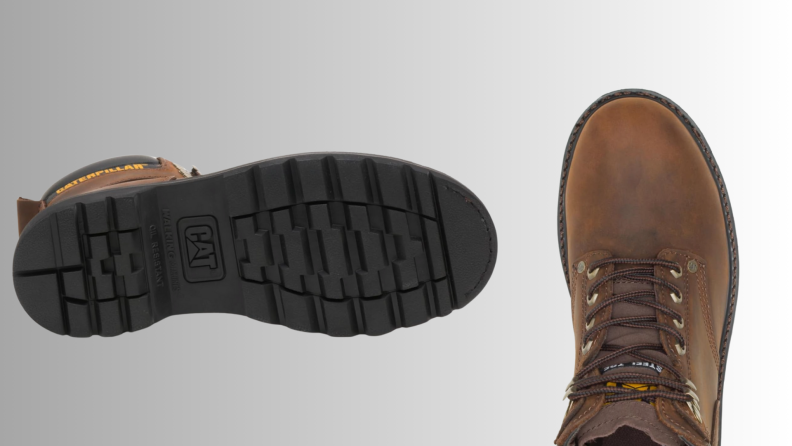 A workboot and its sole on a light gray background