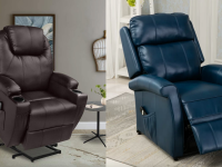 A brown Magic Union recliner in the raised position and a blue Nojus recliner in the seated position.