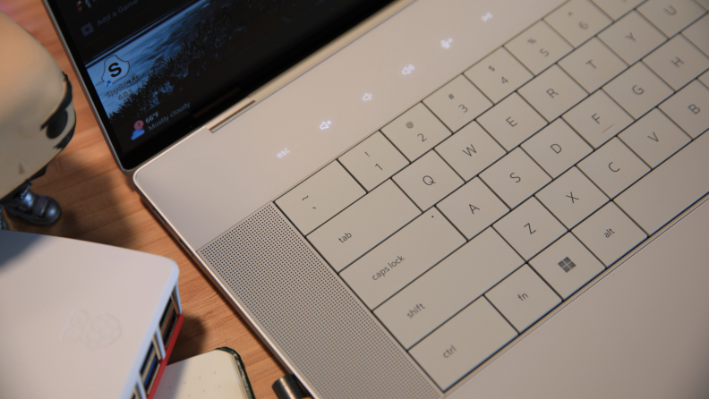 A close-up of the Dell XPS 16 laptop's keyboard.