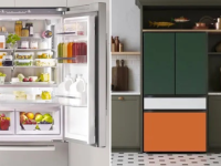 Left: Bosch French-door fridge with doors open and stocked with food. Right: One of Samsung's Bespoke French-door refrigerators in a modern kitchen.