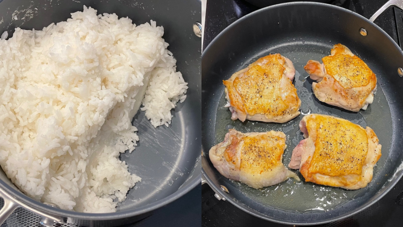 Cooked rice and four cooked chicken thighs inside of the Guy Fieri Flavortown Laser Titanium pot and skillet.
