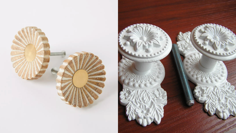 On left, wooden knobs flower shaped knobs from Anthropologie. On right, white Victorian style knobs.