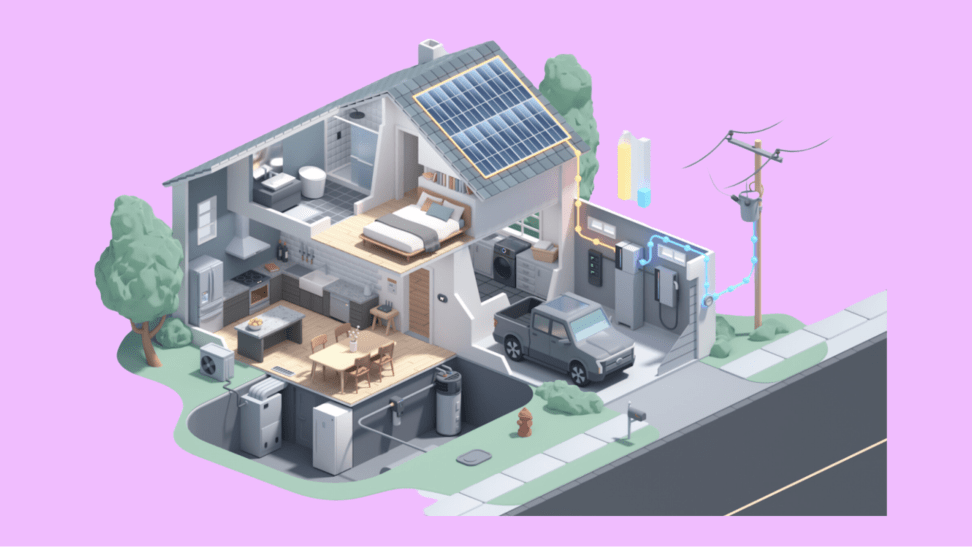A house with solar power and generators appears on a purple background.