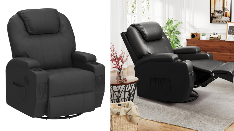 side-by-side image of a black Jummico Recliner Chair. On left, the chair on a white background. On right, the chair in a living room with its footrest extended