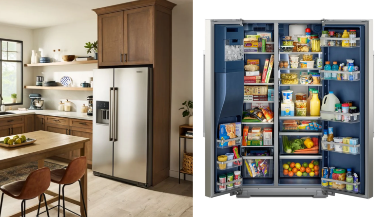 Left: The Maytag MRSC6636RZ closed in a kitchen. Right: The Maytag MRSC6636RZ with both doors open, full of food.