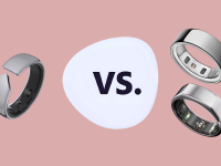 Evie and Oura rings on pink background.