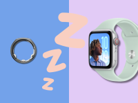 An Oura ring and an Apple Watch sit on a dual-tone background with ZZZs