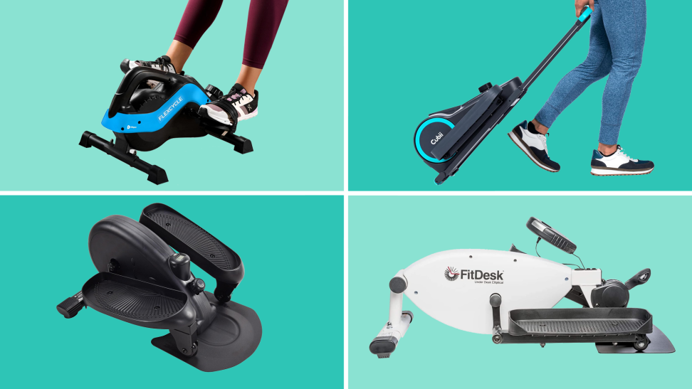 Four under-desk ellipticals in a grid on a green background