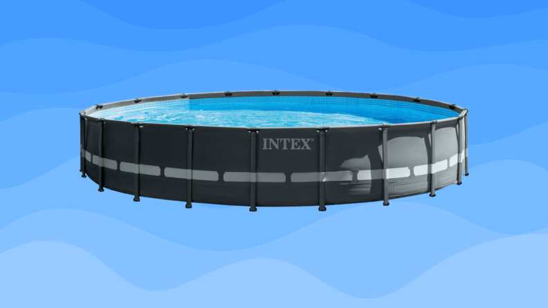 An above-ground pool sits on a blue wavy background