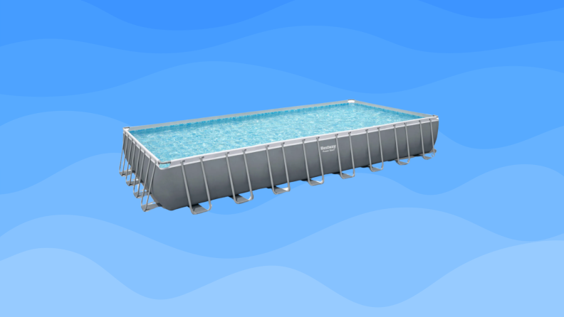 An above-ground pool sits on a blue wavy background