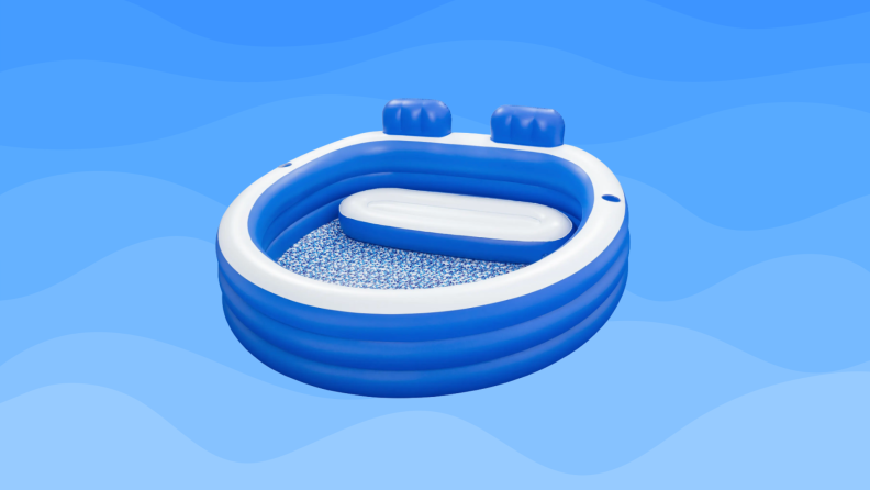 An above-ground pool sits on a blue wavy background