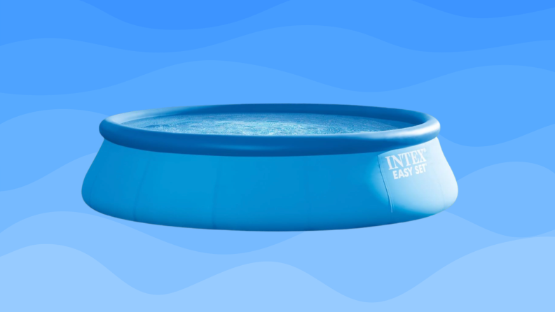 An above-ground pool sits on a blue wavy background