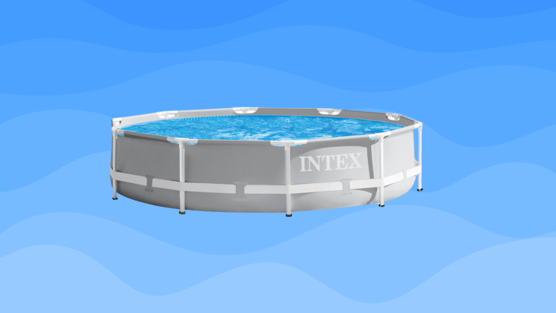 An above-ground pool sits on a blue wavy background