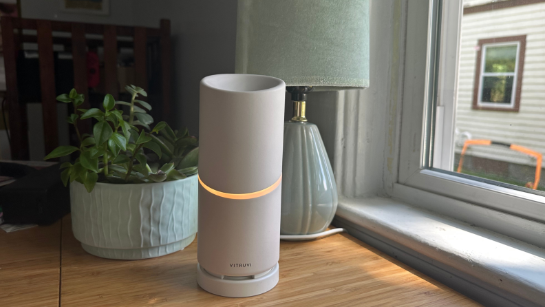 A wireless Vitruvi Move essential oil diffuser on a table next to a succulent plant.