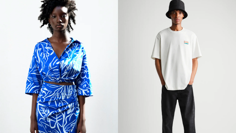 woman modeling dress, man modeling T-shirt